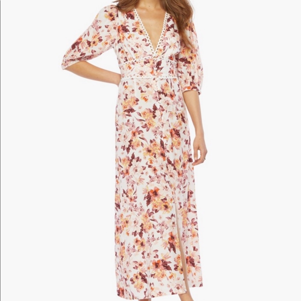 JustFab Floral Crochet Trim Maxi Dress Deep V Puff Sleeves Medium NWOT